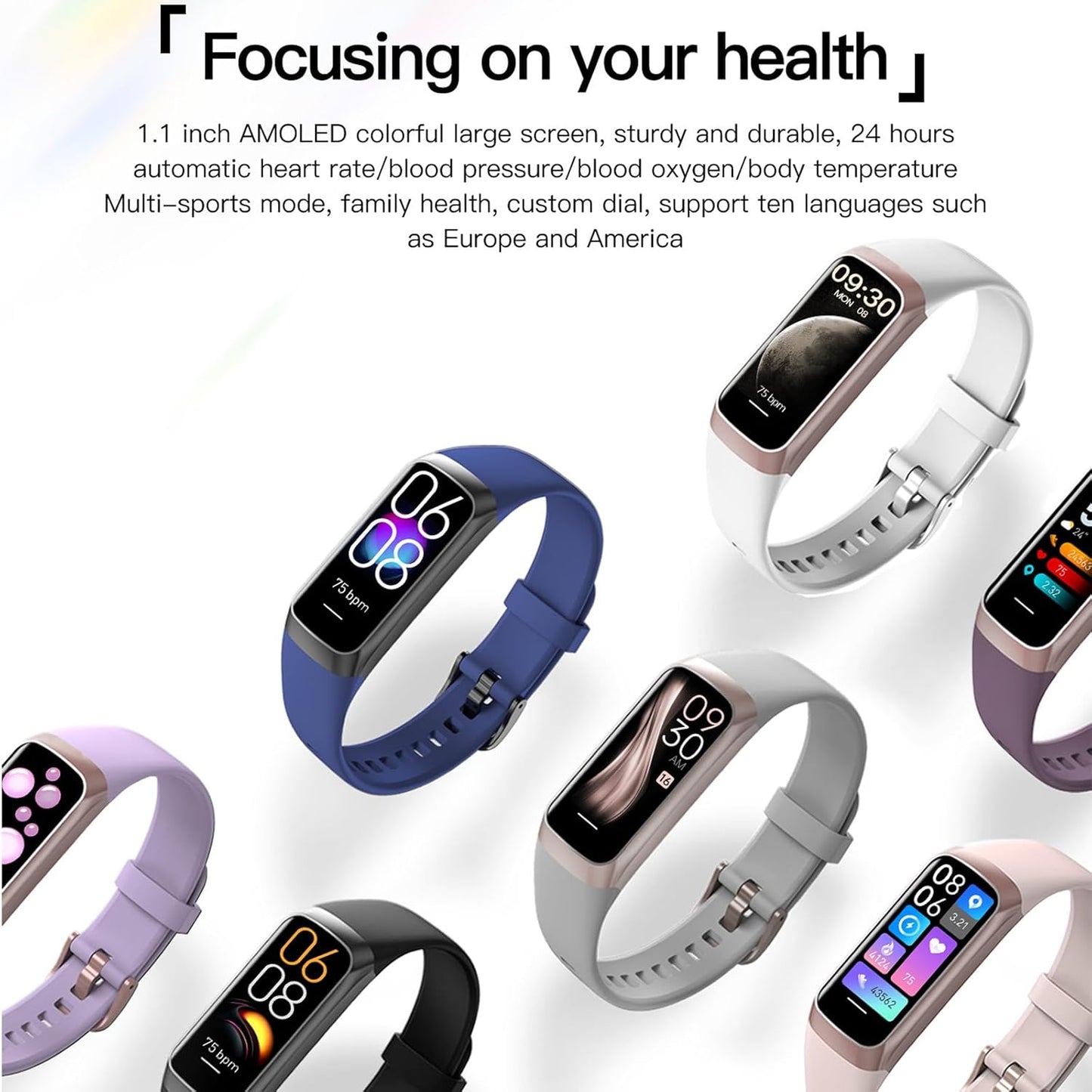 Health and Fitness Tracker for Men and Women, AMOLED Display, Compatible with Android & iOS, Features Alarm, Stopwatch, Blood Pressure Monitor, Calorie Counter, IP68 Waterproof, Step Tracking