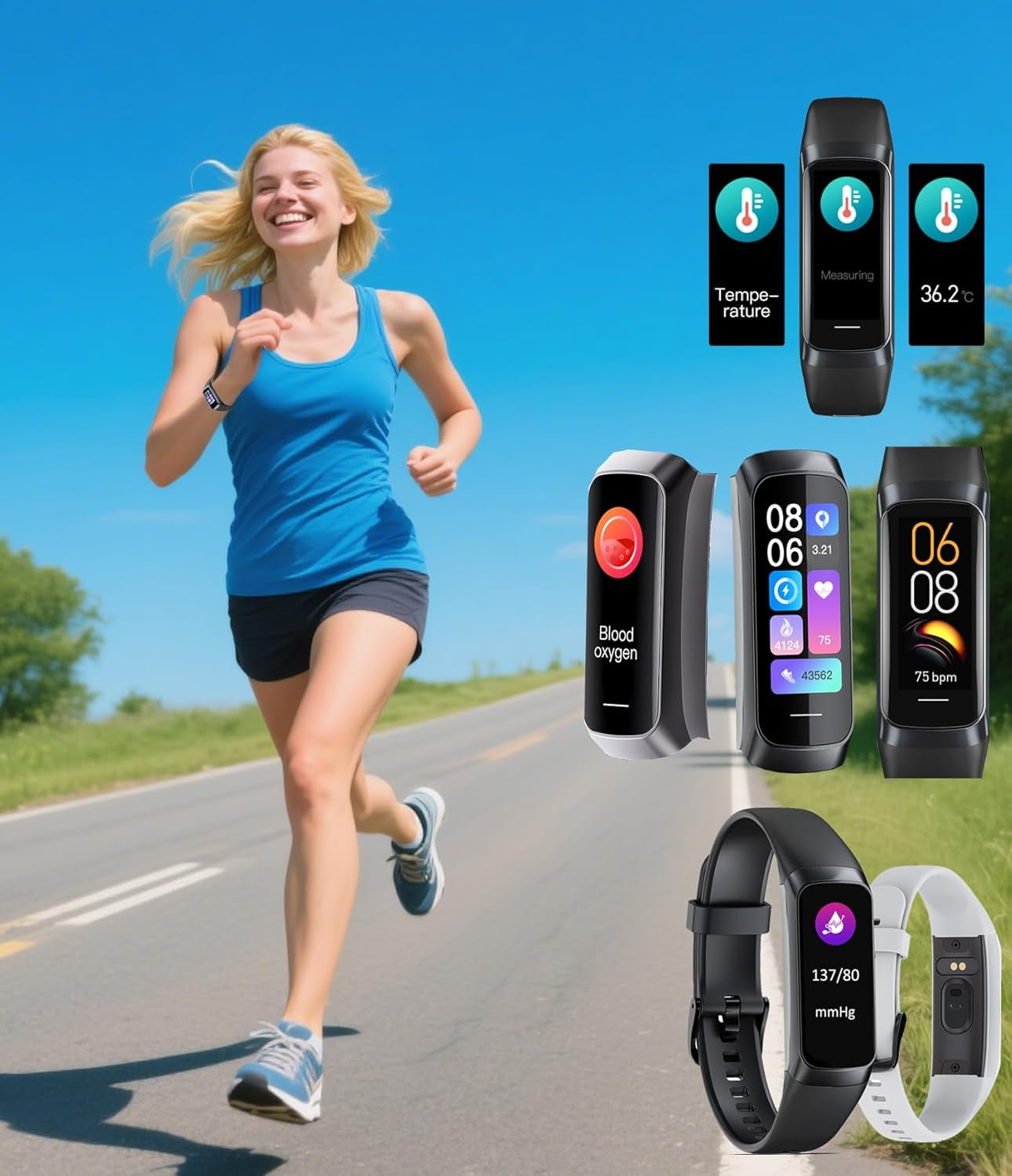 Health and Fitness Tracker for Men and Women, AMOLED Display, Compatible with Android & iOS, Features Alarm, Stopwatch, Blood Pressure Monitor, Calorie Counter, IP68 Waterproof, Step Tracking