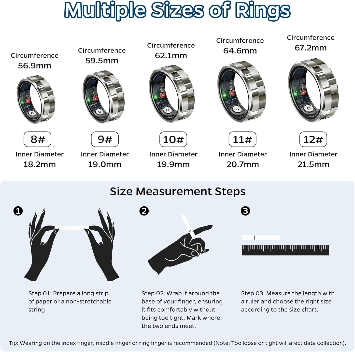 Smart Health Tracking Ring with Sleep Monitoring, Heart Rate Measurement, and Activity Tracking Features - Waterproof Fitness Ring with Air Gesture Control, Up to 7-Day Battery Life, Compatible with iOS and Android (Stylish Silver #8)