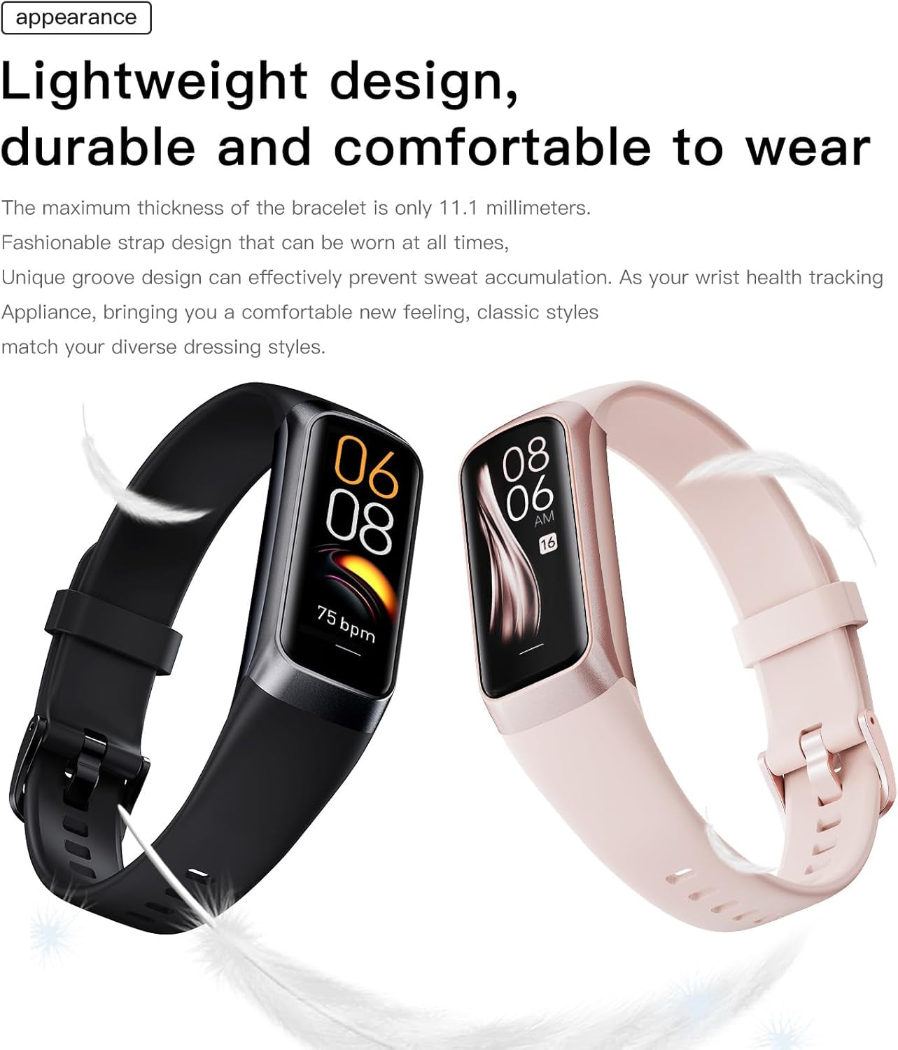 Health and Fitness Tracker for Men and Women, AMOLED Display, Compatible with Android & iOS, Features Alarm, Stopwatch, Blood Pressure Monitor, Calorie Counter, IP68 Waterproof, Step Tracking