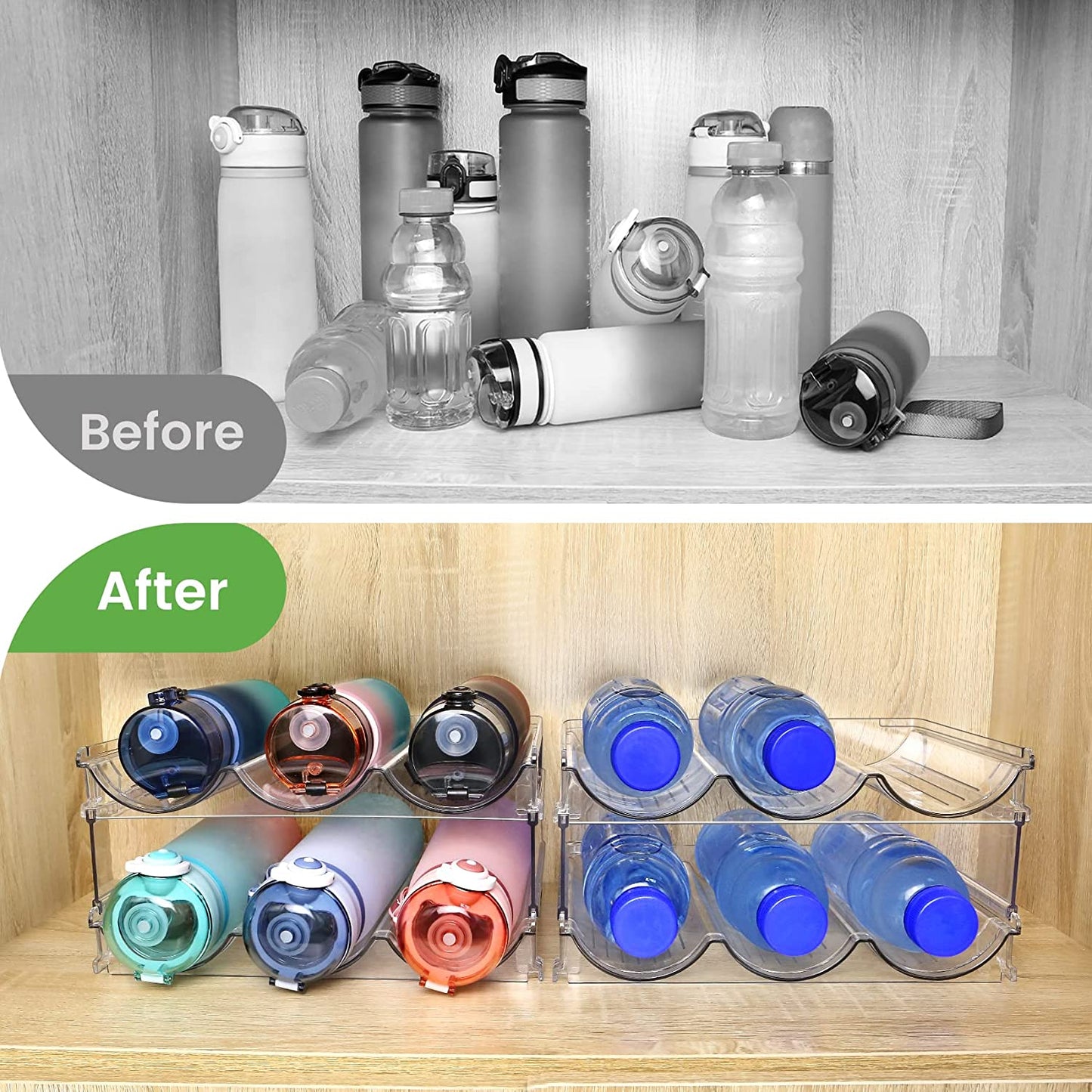 Water Bottle Cabinet Organizer - Set of 2 Stackable Storage Racks for Efficient Water Bottle Storage