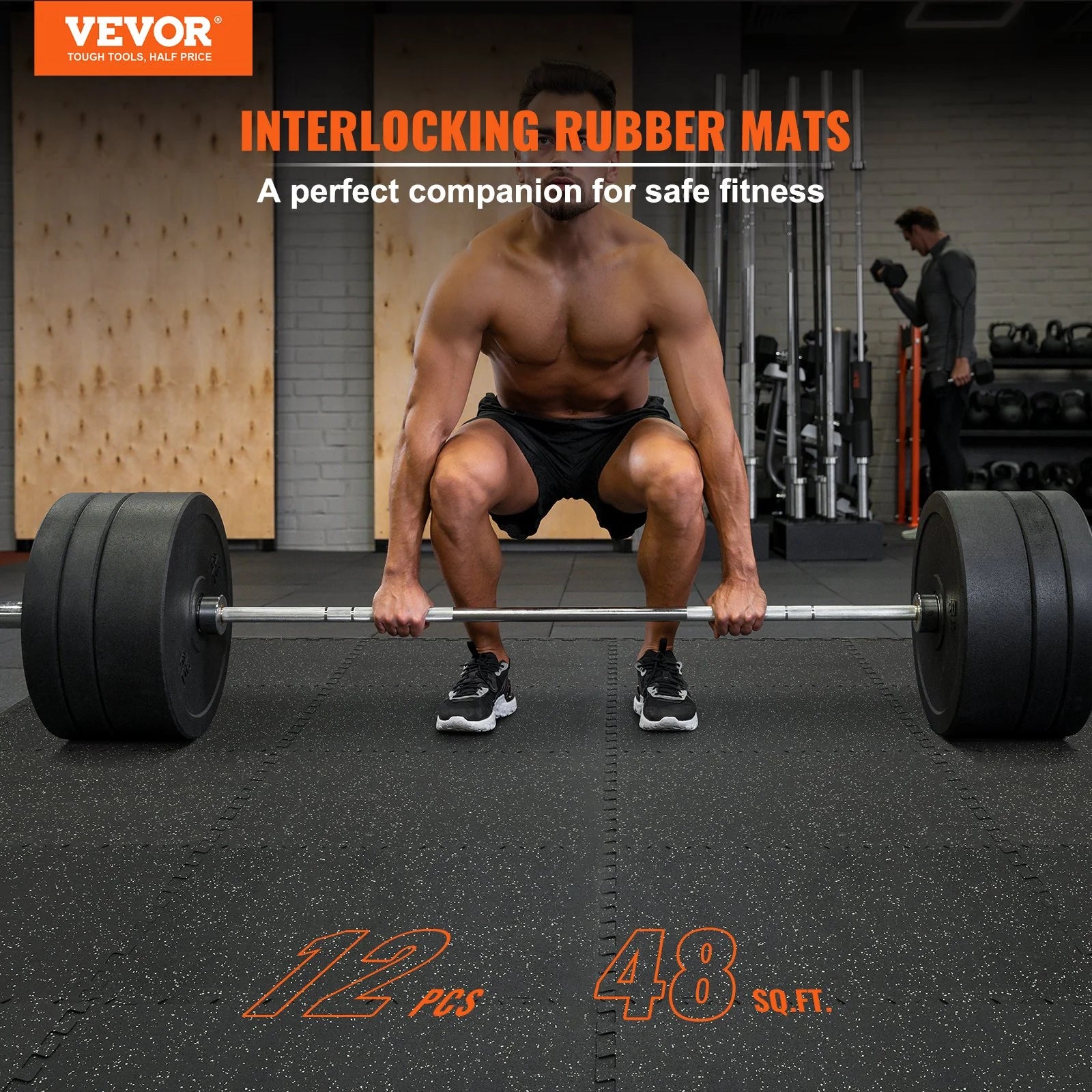 VEVOR 12 PCS 1/2 Inch Thick Gym Floor Mats, 24 X 24 EVA Foam & Rubber Top Interlocking Workout Floor Mats with 48 Sq.Ft Coverage, Waterproof Exercise Puzzle Flooring for Gym, Home, Garage, Basement, Black & Grey