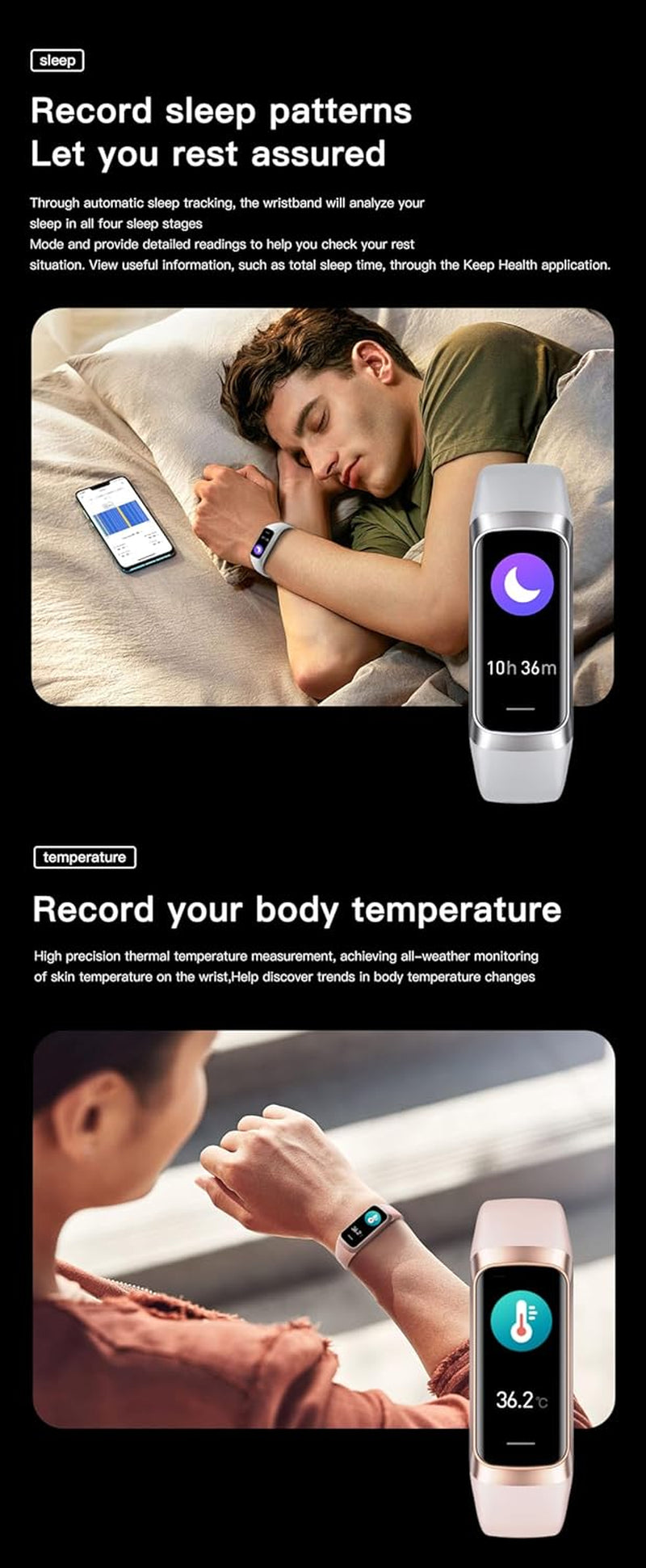 Health and Fitness Tracker for Men and Women, AMOLED Display, Compatible with Android & iOS, Features Alarm, Stopwatch, Blood Pressure Monitor, Calorie Counter, IP68 Waterproof, Step Tracking