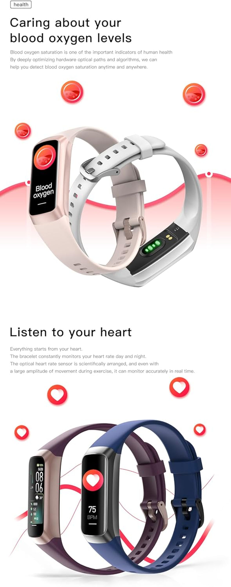 Health and Fitness Tracker for Men and Women, AMOLED Display, Compatible with Android & iOS, Features Alarm, Stopwatch, Blood Pressure Monitor, Calorie Counter, IP68 Waterproof, Step Tracking