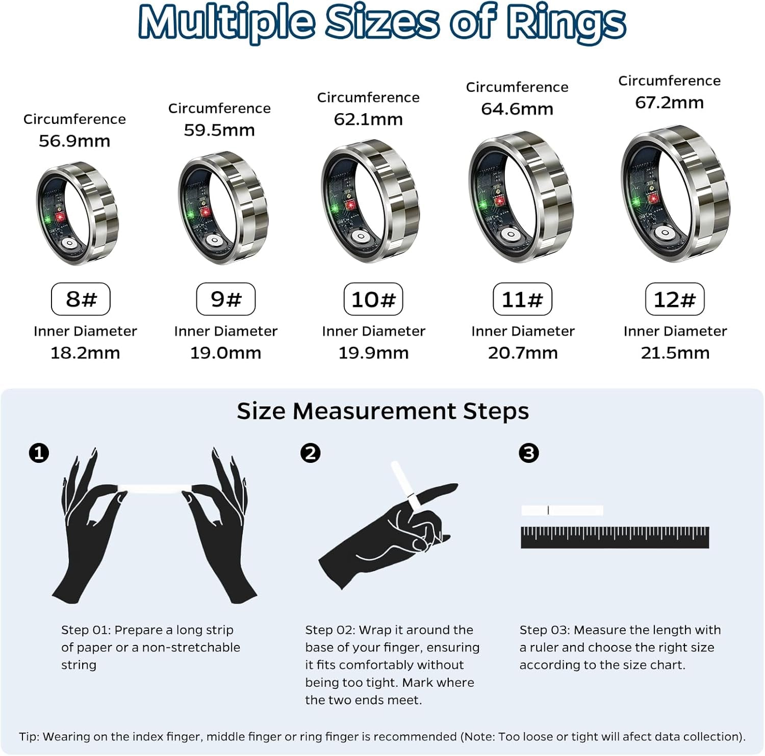 Smart Health Tracking Ring with Sleep Monitoring, Heart Rate Measurement, and Activity Tracking Features - Waterproof Fitness Ring with Air Gesture Control, Up to 7-Day Battery Life, Compatible with iOS and Android (Stylish Silver #8)